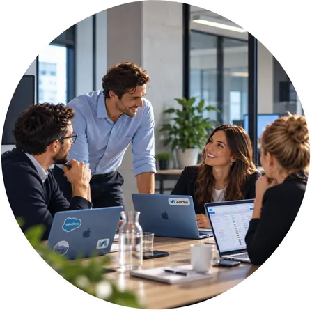 Aledus consultants working with a client at a table